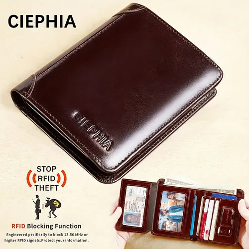 1pc Men's Genuine Leather Wallet RFID Anti-theft Brush Slim Short Wallet Multifunction Trifold Wallet Vintage Oil Wax Credit Card Wallet Give Gifts To Men On Valentine's Day