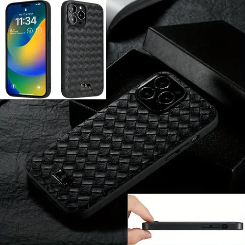 Fashion Weaving Pattern Phone Case For IPhone 14 Plus 13 Mini 12 11 Pro Max, Slim Solid Color Artificial Leather Back Cover