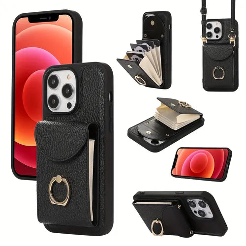 Black Suitable For IPhone14Pro Lychee Patterned Organ Card Case With Hanging Rope 13promax Card Insertion Zero Wallet Leather Phone Case