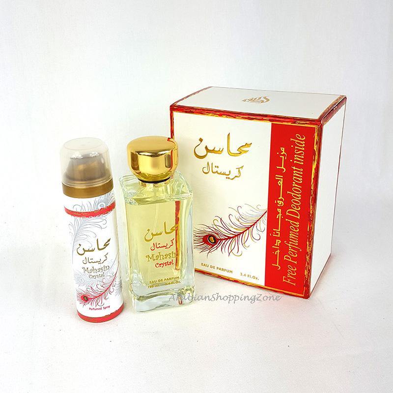 Mahasin Crystal Ladies 100ml Spray Perfume EDP + Deodorant by Lattafa - Arabian Shopping Zone