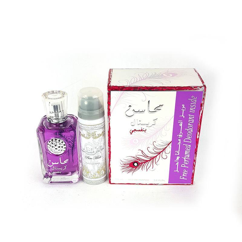 Mahasin Crystal Violet Ladies 100ml EDP Spray Perfume + Deodorant by Lattafa - Arabian Shopping Zone
