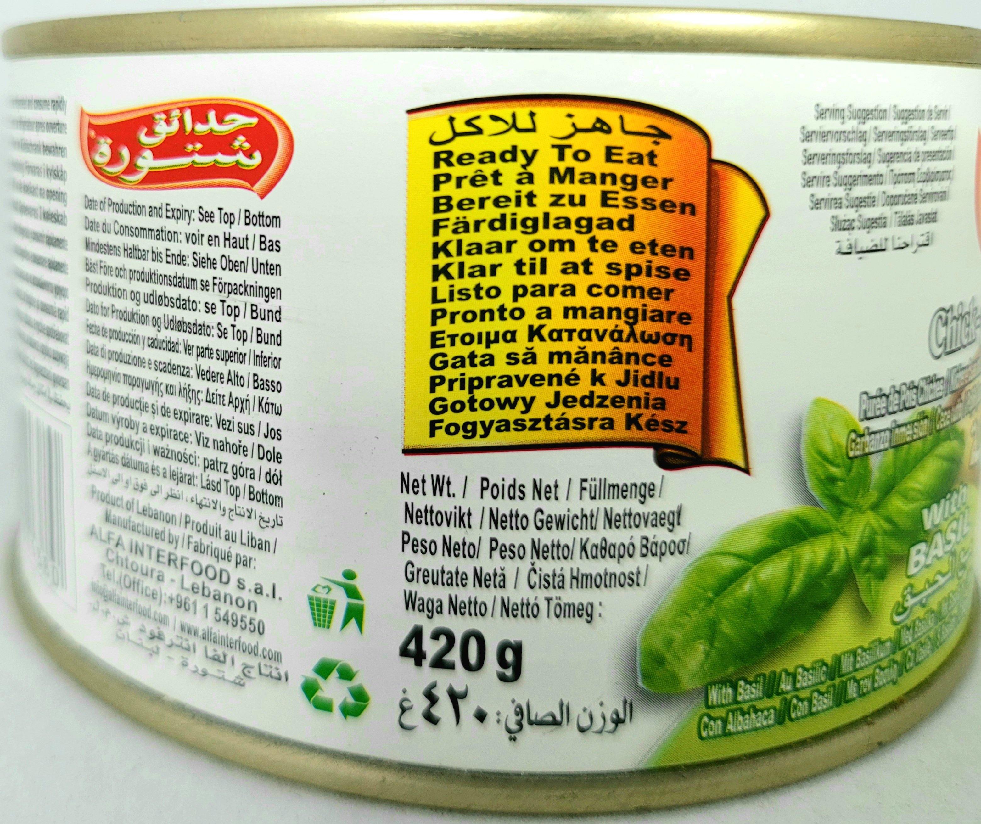 Chtoura Garden Chickpeas Dip Hommos Tahina with Basil 420g - Arabian Shopping Zone