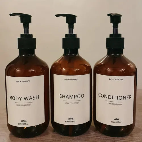 3pcs Refillable Shampoo Conditioner Body Wash Dispenser Bottles With Pump, Bathroom Lotion Dispenser Container With Waterproof Labels 500ml/16.9oz