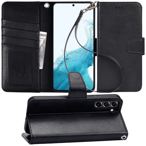 حافظة Arae لهاتف سامسونج جالاكسي S22 / S22 Plus / S22 Ultra / S21 / S21 FE / S21 Ultra / S20 FE حافظة فليب مع حامل بطاقة وحزام للمعصم