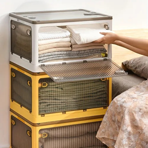 1pc Foldable Storage Trunk, Open Storage Box, Transparent Storage Box, Home Wardrobe Clothes Organizer, Large Capacity Clear Plastic Box, Folding Quilt, Clothes Storage Box, With Wheels At The Bottom