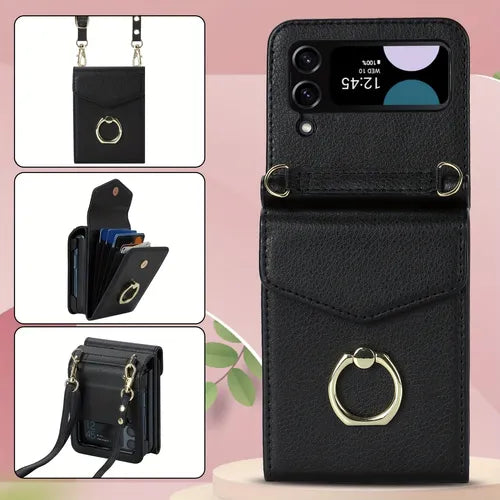 Fashion Leather Phone Case For Samsung Galaxy Z Flip 4/3 5G With Long Lanyard Crossbody Wallet Card Bag Anti Lost Shockproof Protect Cover