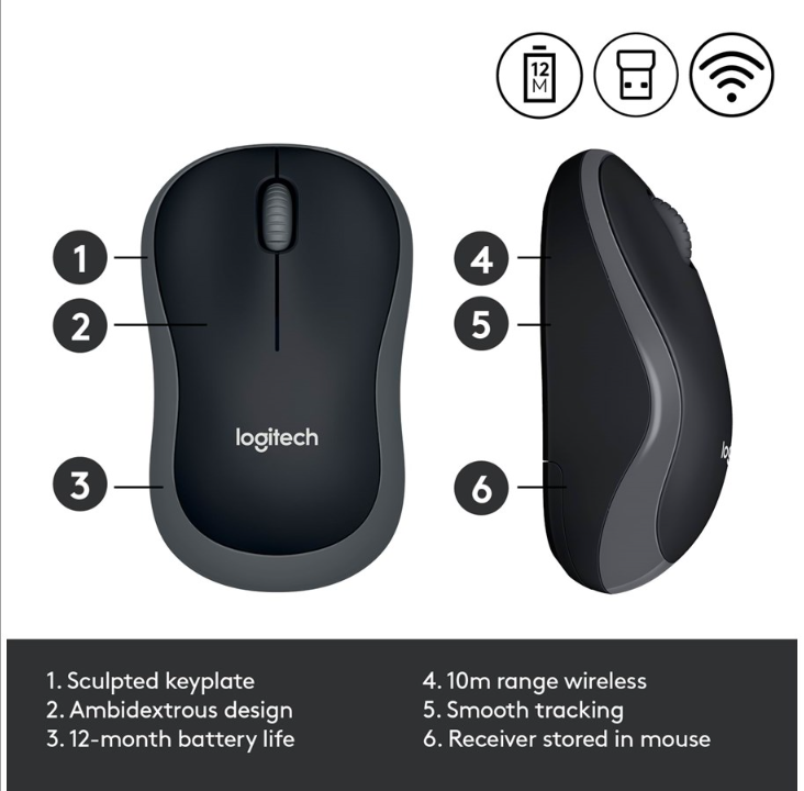 Logitech Wireless Mouse M185 - Mouse - Optic - 3 buttons - Gr?