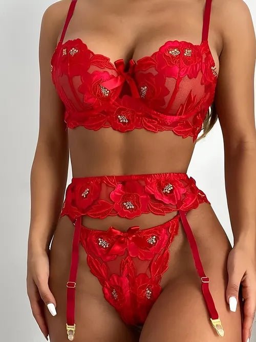 Women's 3 Piece Lingerie With Garter Belt Lace Bra And Panty Set High Waist Thong Floral Embroidered Babydoll