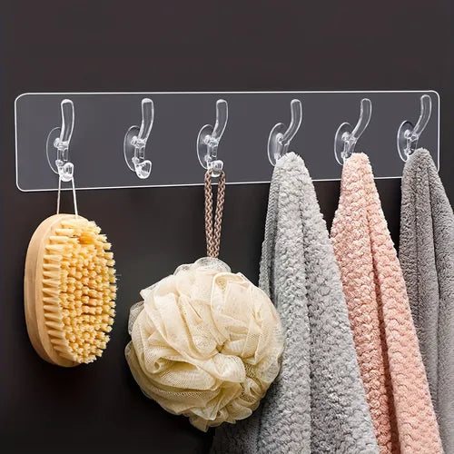 1pc Six Link Transparent Hook, Toilet Bathroom Towel Shelf, No Punching Adhesive Hook, Door Back Storage Rack, Waterproof Strong Hook