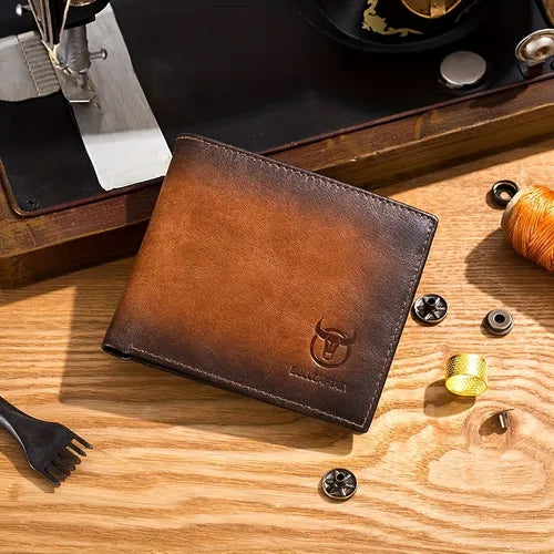 Men's Genuine Leather Short Wallet RFID Blocking Bull Head Pattern Wallet Multiple Card Slots Purse Three-fold Large Capacity Card Holder Gift For Men