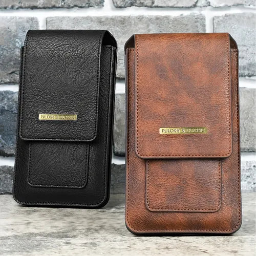 Men's Double Layer Mobile Phone Bag Horse Pattern Outdoor Anti-exposure Self-priming Strap Leather Case Mobile Phone Bag