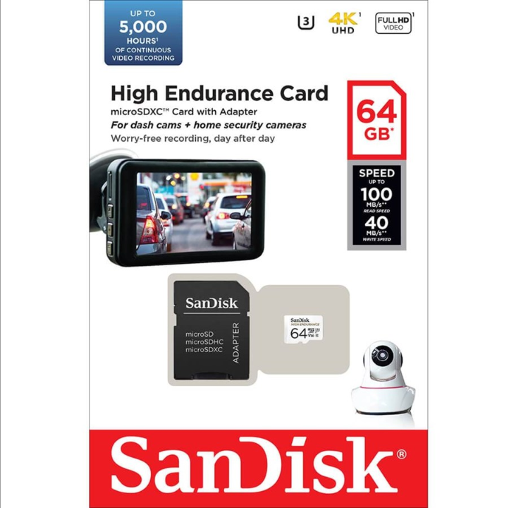 بطاقة microSD/SD عالية التحمل من SanDisk - بسرعة 100 ميجابايت/ثانية - 64 جيجابايت