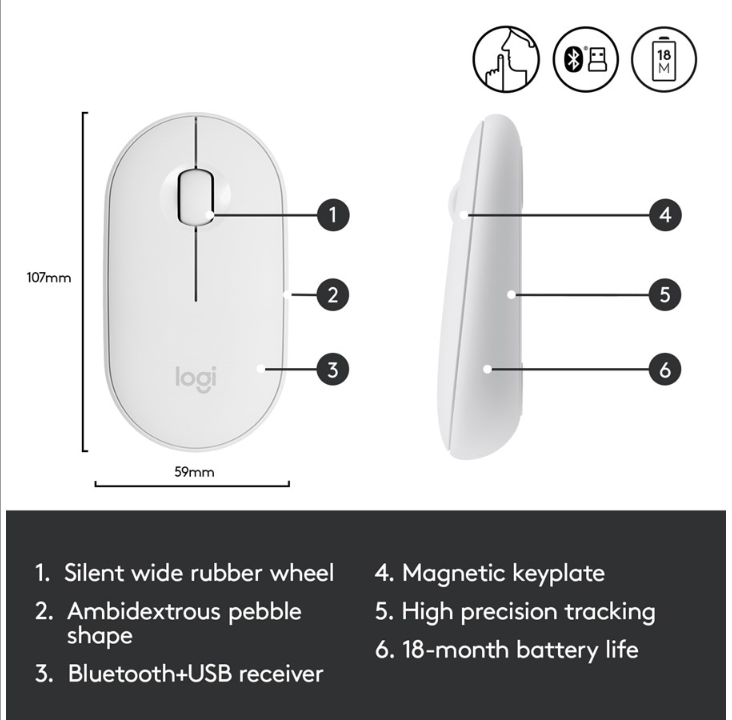 Logitech M350 Pebble 无线鼠标 - 灰白色 - 鼠标 - 光学 - 3 个按钮 - 白色