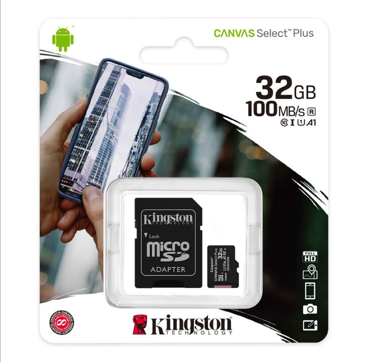 Kingston Canvas Select Plus microSD/SD - بسرعة 100 ميجابايت/ثانية - 32 جيجابايت