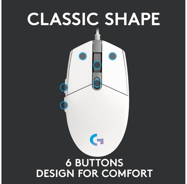 Logitech G203 LIGHTSYNC - White - Gaming mouse - Optic - 6 buttons - White with RGB light