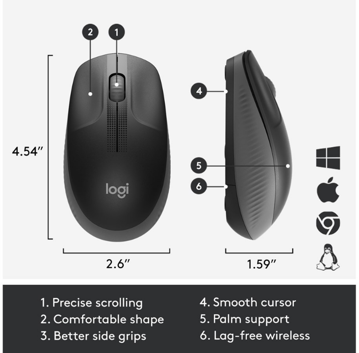 Logitech M190 Full-size Wireless Optical PC Mouse - Charcoal - Mouse - Optic - 3 buttons - Black