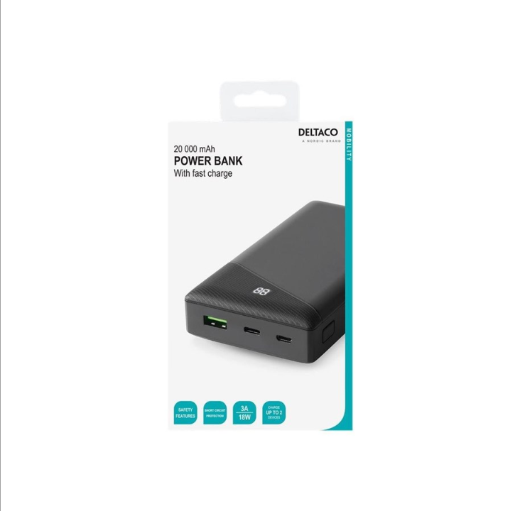 Deltaco power bank 20 000 mAh 1x USB-C PD 1x USB PowerBank - 20000 mAh