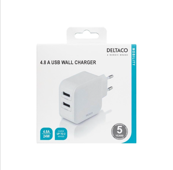 Deltaco Wall charger with dual USB-A ports 4.8 A.