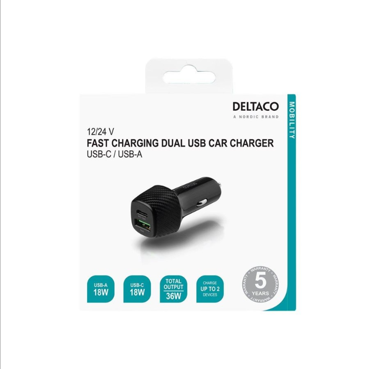 Deltaco USB car charger 1x USB-C PD 18 W 1x USB