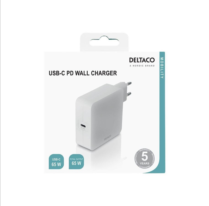 Deltaco USB-C PD wall charger 65 W white