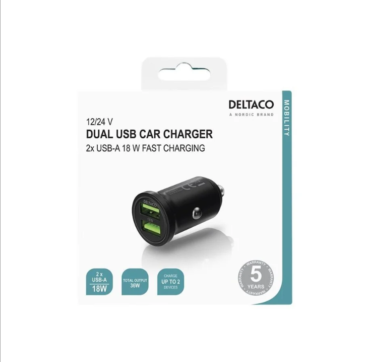 Deltaco USB car charger 2x USB-A 18 W fast charg