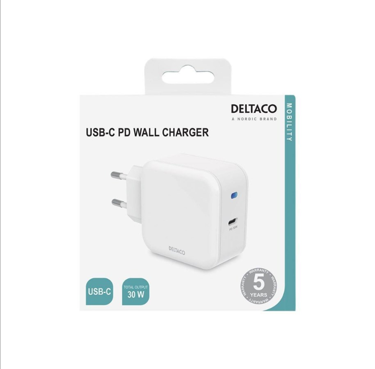 Deltaco USB-C 壁式充电器，带 PD 9 V/3 A 30 W。