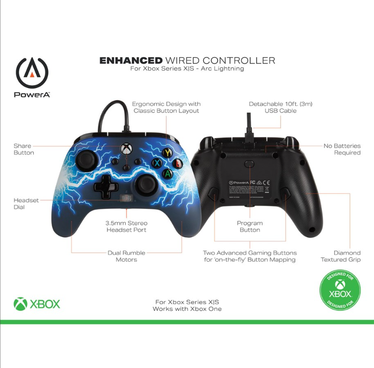 PowerA Enhanced Wired Controller for Xbox Series X|S - Arc Lightning - Gamepad - Microsoft Xbox One