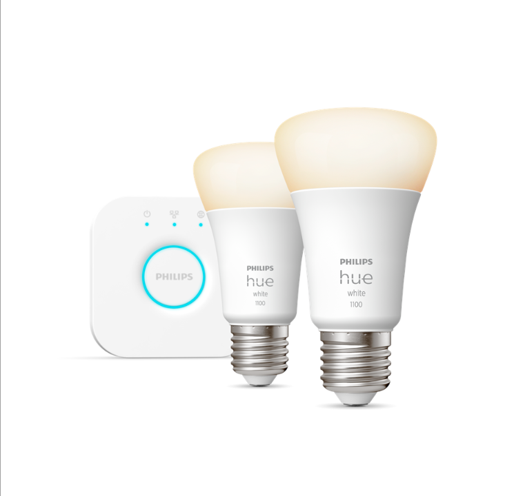 Philips Hue White A60 E27 1100 Lumen - حزمة البداية مع مصدرين للضوء