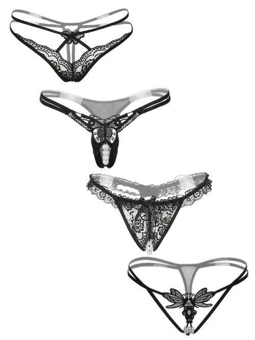 4pcs Hollow Embroidery Thong Panties, Lace Faux Pearl Decor Panties, Women's Lingerie & Underwear