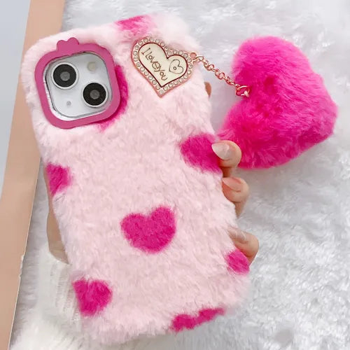 Cute Fuzzy Fluffy Hearts Case For IPhone 14 Pro Max - Furry Plush Rabbit Fur Phone Cases For Girls Women Winter Warm Soft Back Shockproof Protective Cover