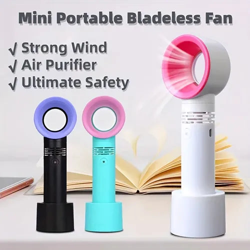 1pc Bladeless Handheld Fan, Mini Portable Fan, USB Desk Fan, Personal Fan With USB Rechargeable Battery Operated, 3 Speeds, For Travel Camping Office Room