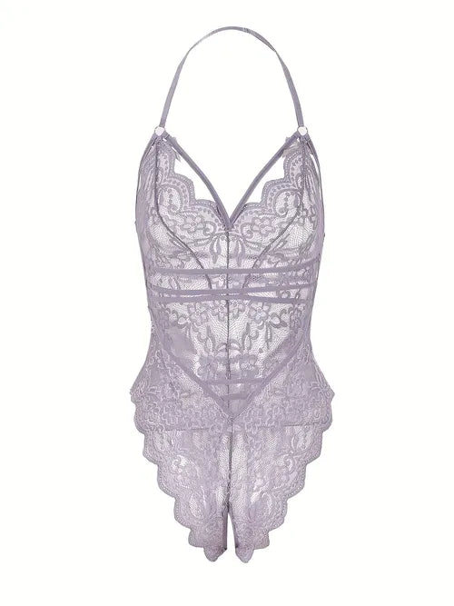 Scallop Trim Bowknot One Piece Teddy, Semi-sheer Mesh Halter Open Crotch Bodysuit, Women's Sexy Lingerie & Underwear