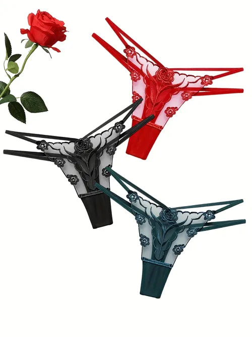 3pcs Floral Embroidery Thongs, Double Ribbon Mesh Sheer Thong, Women's Lingerie & Underwear