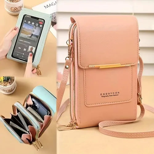 Women's Crossbody Bags, Solid Zipper Phone Bay Double Layer Shoulder Bags, Touch Screen Phone Bags