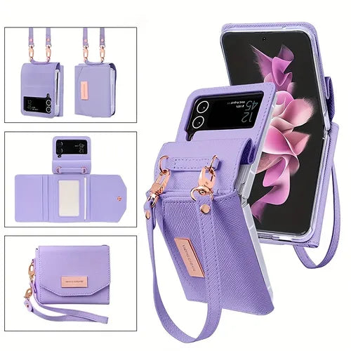 For Z Flip 4 3 Luxury Artificial Leather Wallet Phone Case For Samsung Galaxy Z Flip3 Flip4 5g Z4 Z3 Hand Strap Card Slot Mobile Phone Bag