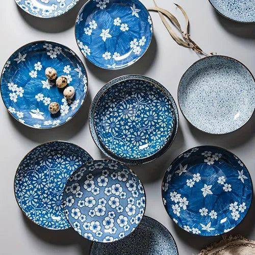 4pcs White And Blue Ceramic Dinner Plates 20.32 Cm, Flower Pattern Serving Trays, Handmade Pocerlain Dishes, Home Pasta Salad Appetizer Plates, Tableware, Kitchen Accessories