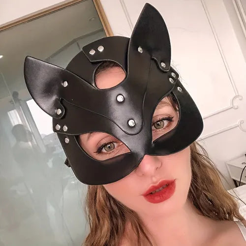 Punk Cat Ears Masks, Sexy Cosplay Masquerade Party Leather Half Face Mask, Women's Sexy Lingerie & Underwear Accessories