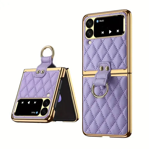 Vietao Golden Plated Ring Holder Luxury Artificial Leather Phone Case For Samsung Galaxy Z Flip 4 3 Z4 Z3 Flip4 Flip5, Purple Artificial Leather Mobile Cover