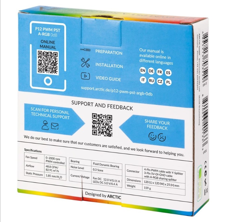 Arctic P12 PWM PST A-RGB - مروحة هيكل - 120 مم - أبيض مع ضوء RGB - 24 ديسيبل