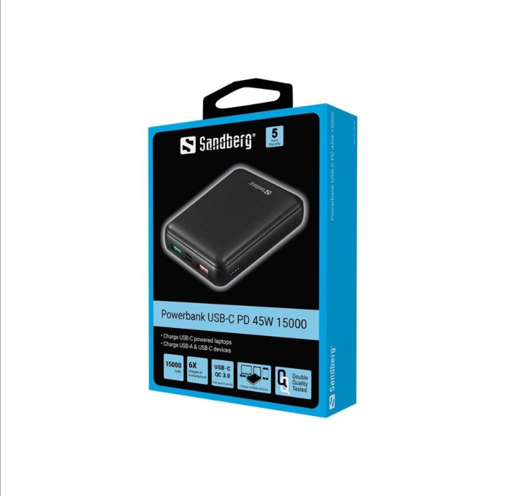 Sandberg 移动电源 USB-C PD 45W 15000 移动电源 - Svart - 15000 mAh