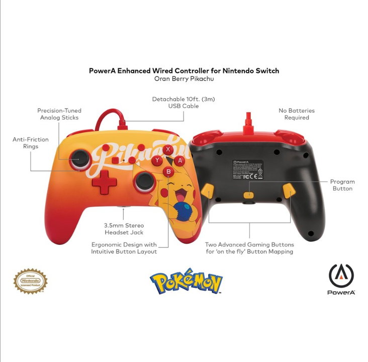 PowerA Enhanced Wired Controller for Nintendo Switch - Oran Berry Pikachu - Gamepad - Nintendo Switch