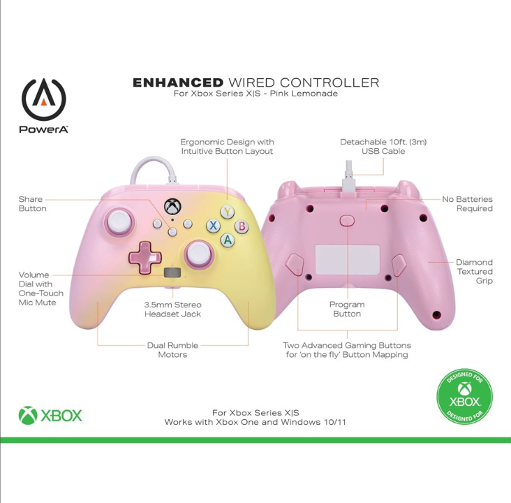 وحدة التحكم السلكية المحسنة PowerA لأجهزة Xbox Series X|S - Pink Lemonade - Gamepad - Microsoft Xbox One