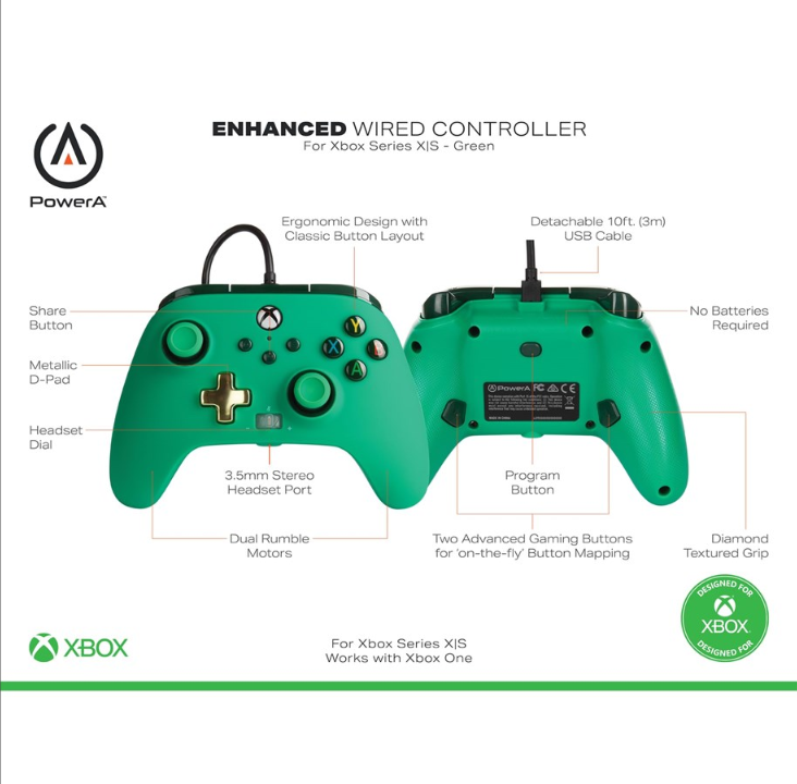 PowerA Enhanced Wired Controller for Xbox Series X|S - Green - Microsoft Xbox One S
