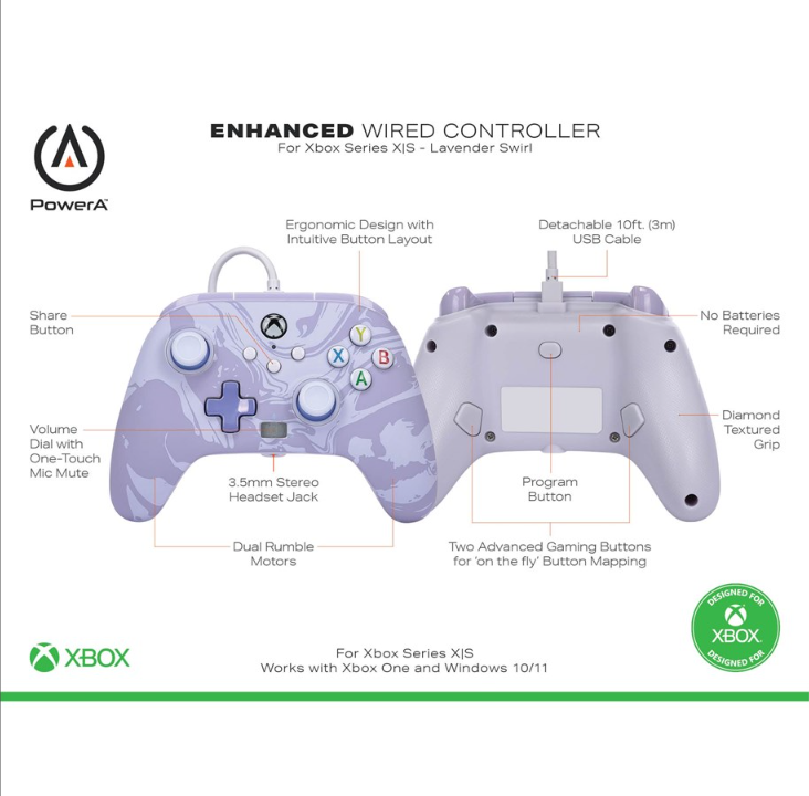 PowerA Enhanced Wired Controller for Xbox Series X|S - Lavender Swirl - Microsoft Xbox Series S