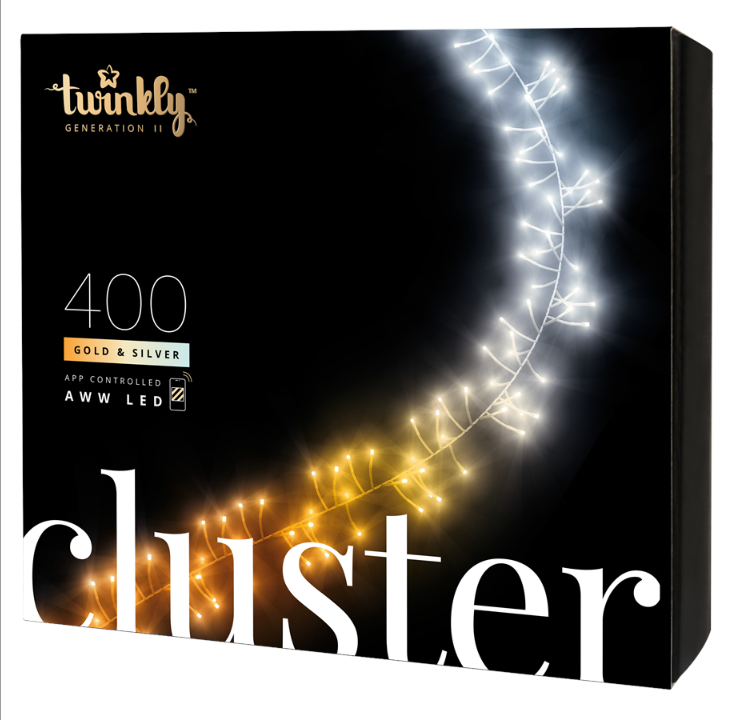 Twinkly Cluster " 400 مصباح AWW LED يتم التحكم فيه بواسطة التطبيق. 6 متر. السلك الأسود.