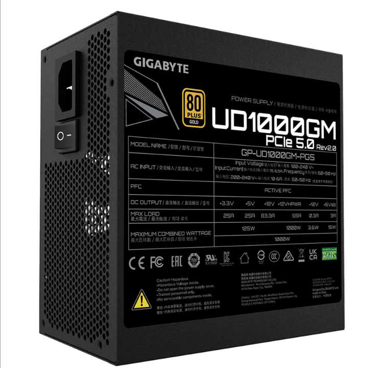 GIGABYTE UD1000GM PG5 (rev. 2.0) 电源 - 1000 瓦 - 120 毫米 - 80 Plus 金牌证书