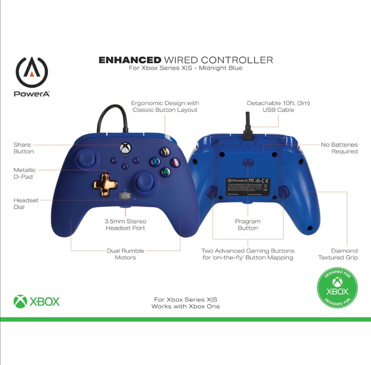 PowerA Enhanced Wired Controller for Xbox Series X|S - Midnight bl? - Gamepad - Microsoft Xbox One X