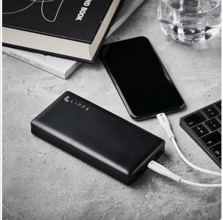 Lippa 20.000 mAh Powerbank 18W USB-C PD & 2 x QC USB-A Output - Black PowerBank - Svart - 20000 Ah