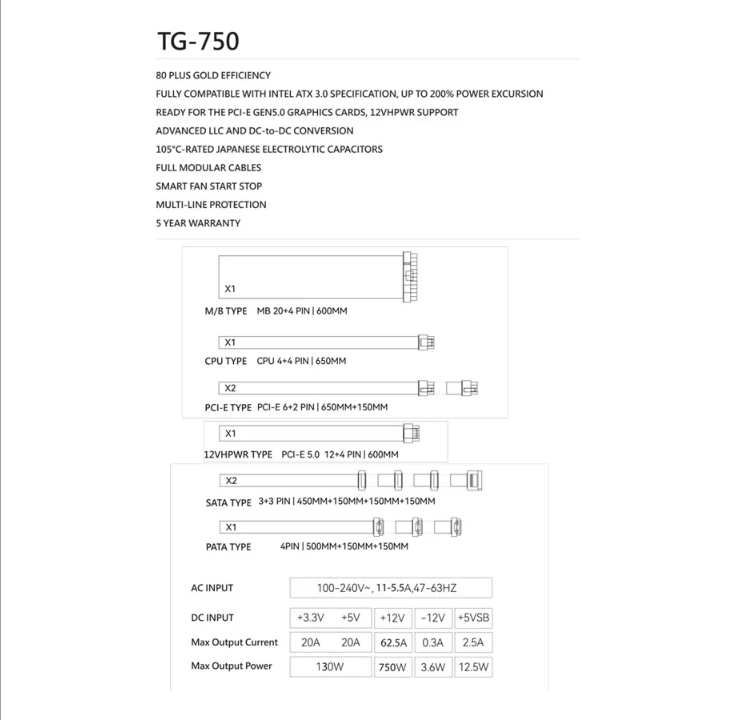 Thermalright TG（模块化）白色 - 电源 - 750 瓦 - 120 毫米 - 80 Plus 金牌证书