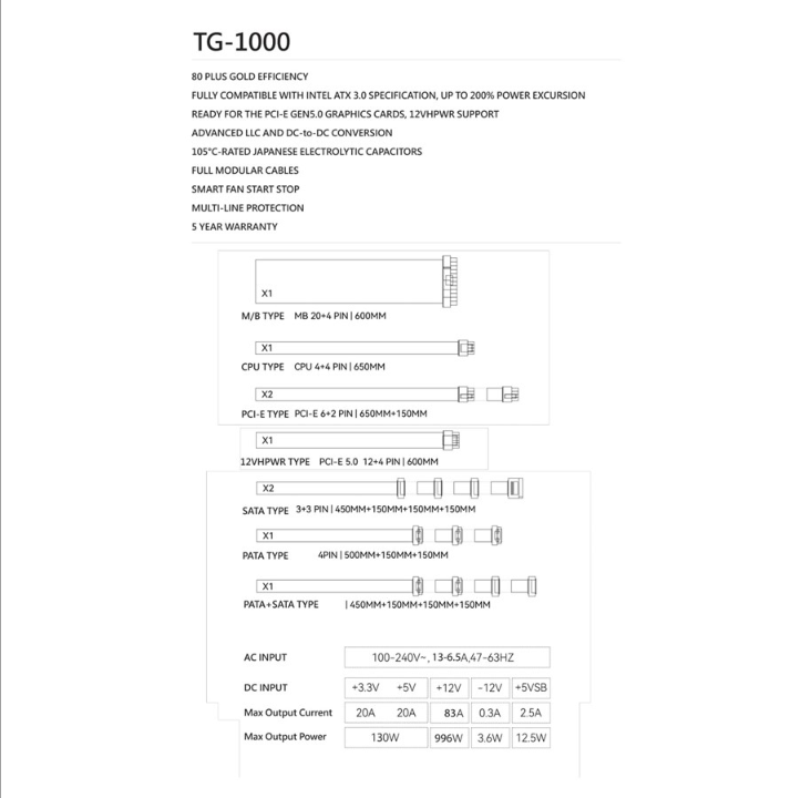 Thermalright TG (modular) White - power supply - 1000 Watt - 120 mm - 80 Plus Gold certificate